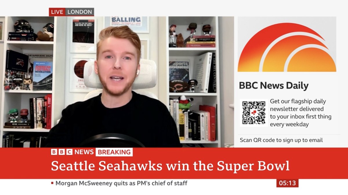 Ben Isaacs appearing on BBC News to discuss the Super Bowl